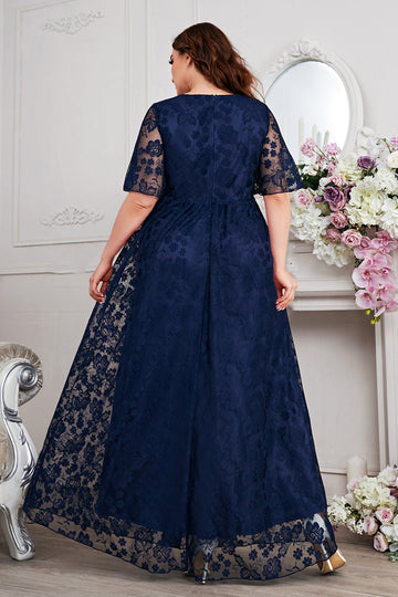 Bleu marine A-ligne dentelle col en V manches courtes Robe longue mère de la mariée